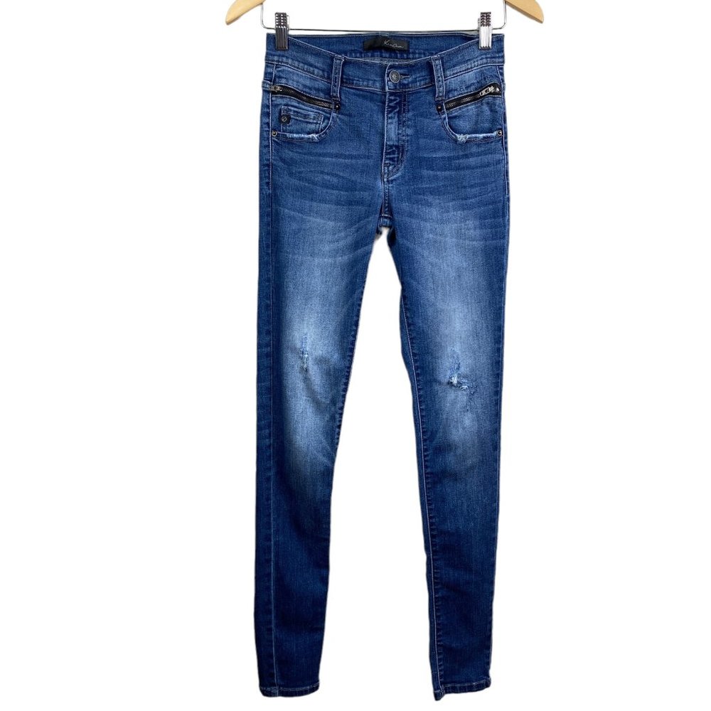 Kancan Skinny Jeans 25 Distressed Stretch Denim Medium Wash Blue Low Rise